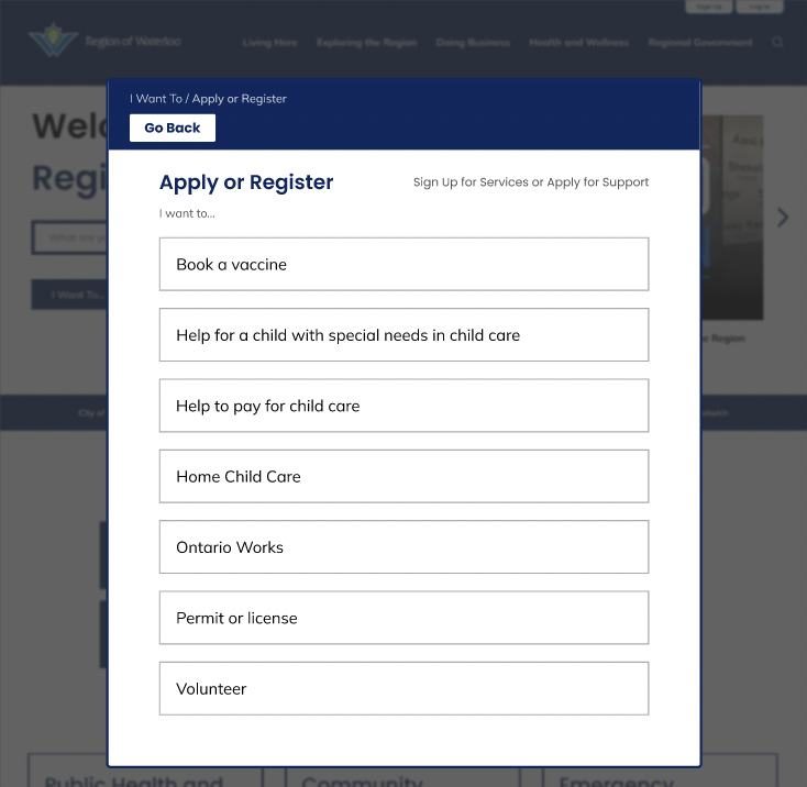 Apply or Register options such as booking a vaccine and child care help