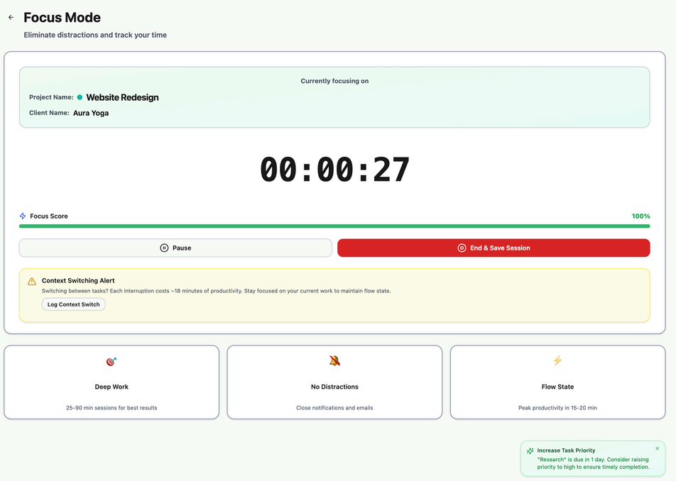 Taskly focus mode session timer